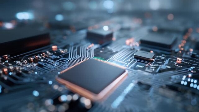 Close-up of a computer motherboard with a CPU chip and intricate circuitry.