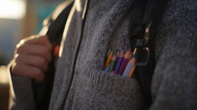 Bright colored pencils peeking out of a chest pocket in a gray jacket with a backpack.