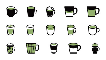 Set of green and black matcha drink icons, a collection of tea and coffee mug symbols