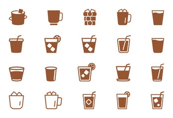 Set of orange drink icons with ice cubes and straws, a collection of refreshment cup and glass symbols