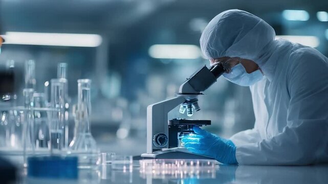 A scientist in a sterile suit and gloves examines samples under a microscope in a high-tech laboratory filled with glassware.
