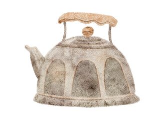 Digital watercolor illustration of a vintage kettle, perfect for rustic or cozy kitchen-themed designs.