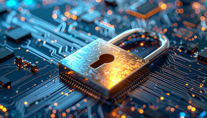 Digital Fortress: The macro shot showcases the digital realm's safeguards, a glowing padlock rests upon a motherboard, embodying data security.
