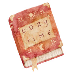 Digital watercolor illustration of a book with "Cozy Time" on the cover, ideal for promoting reading and quiet moments.