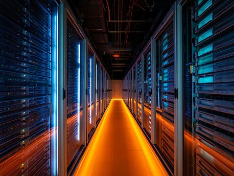 Futuristic data center server room with glowing blue and orange lights and rows of computers