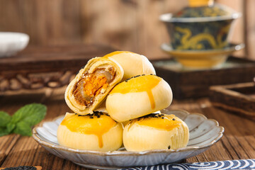 Chinese Egg Custard Mooncakes with Golden Yolk Centers Traditional Handmade Dessert Pastry
