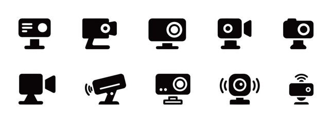 Set of black CCTV and security camera icons, a collection of surveillance and safety symbols for technology