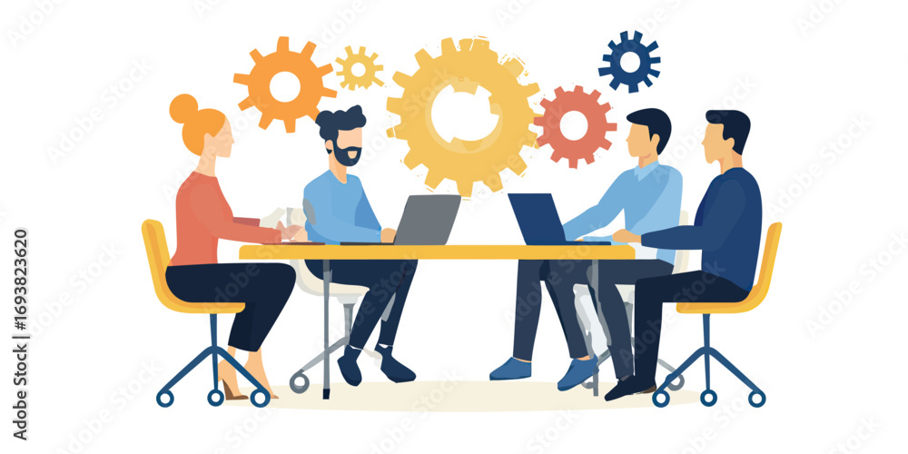 Poster business team collaboration meeting with diverse people working on laptops around table with colorfu