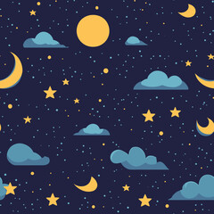 Fototapeta premium Seamless night sky pattern with yellow crescent moons full moon clouds stars and small dots on dark blue background vector illustration