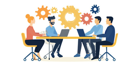 Business team collaboration meeting with diverse people working on laptops around table with colorful gears above for workflow and teamwork concept flat vector illustration