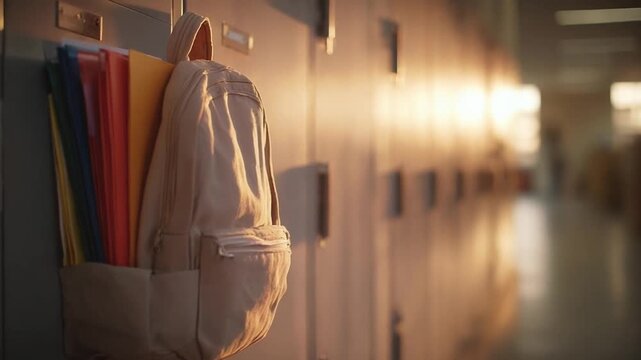 A backpack stuffed with colorful folders hangs from a locker in a sunlit school hallway.