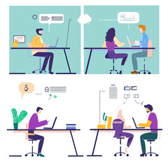 Fototapeta premium Remote business people working on laptops and discussing ideas in modern office environment flat vector illustration set