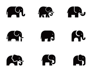 Set of black elephant icons, a collection of wild animal symbols in a simple, playful style