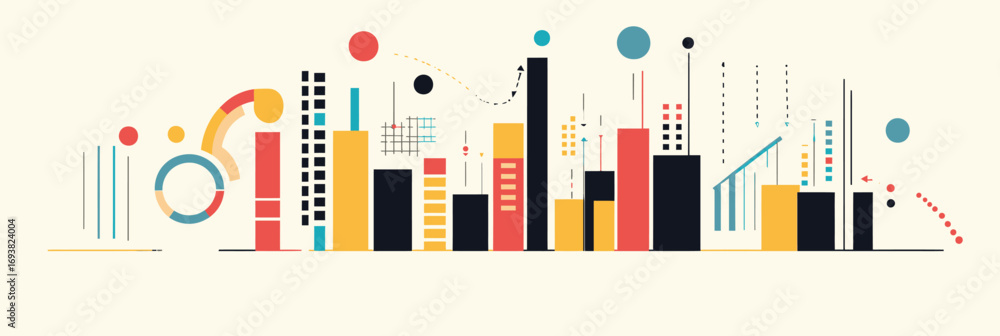 Poster Abstract business analytics data visualization illustration with colorful bar charts line graphs and circular indicators in minimalist flat vector style for financial analysis and market trends