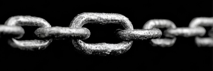 Close-up View of a Metal Chain Link Showcasing Texture and Details of the Linked Segments Against a Black Background