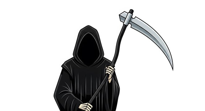 Ominous illustration of the Grim Reaper, a hooded figure of death holding a large scythe.