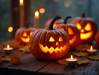 Fototapeta premium Close up of glowing carved halloween pumpkins with spooky faces arranged on rustic wooden table surrounded by dry autumn leaves