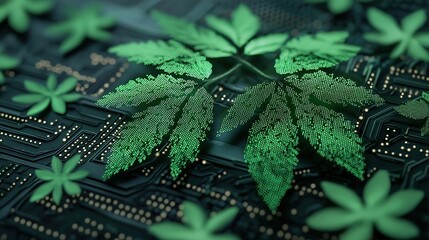 A digital illustration featuring vibrant green leaves overlaying a circuit board, symbolizing the intersection of nature and technology.