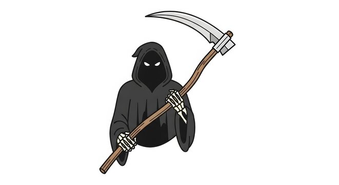 A hooded figure, representing death, holds a large scythe, its skeletal hands gripping the wooden handle, with glowing eyes peering from the dark cowl. - Powered by Adobe