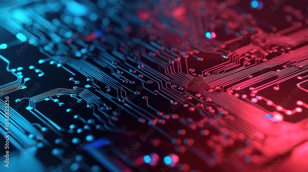 Poster a close-up view of a vibrant circuit board with intricate patterns and colorful lighting, showcasing