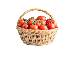 Fresh red tomatoes fill a wicker basket featuring a handle on transparent background