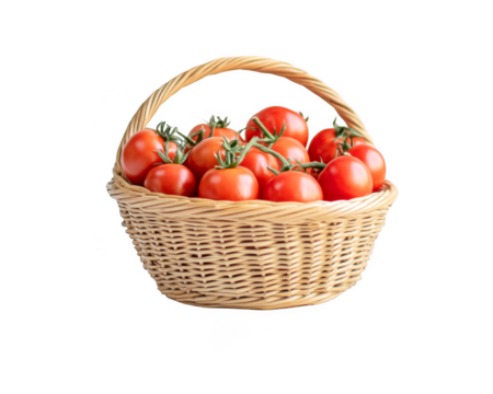 Fresh red tomatoes fill a wicker basket featuring a handle on transparent background