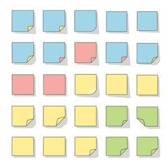 A grid of colorful sticky notes in blue, pink, yellow, and green, some with curled corners, arranged on a white background, perfect for reminders or messages.