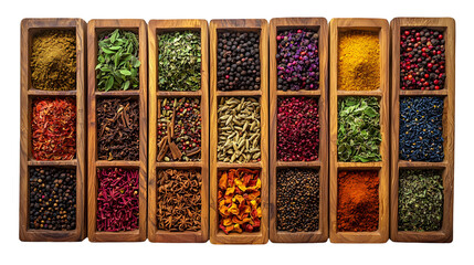 Overhead view of an assortment of various colorful spices herbs isolated on a transparent background