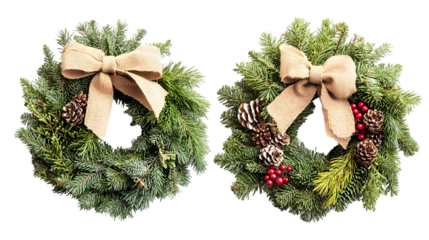  Pine and evergreen wreaths tied with natural rustic burlap ribbon isolated on a transparent background.