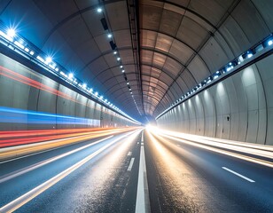 Highway tunnel at night with blurred car lights
