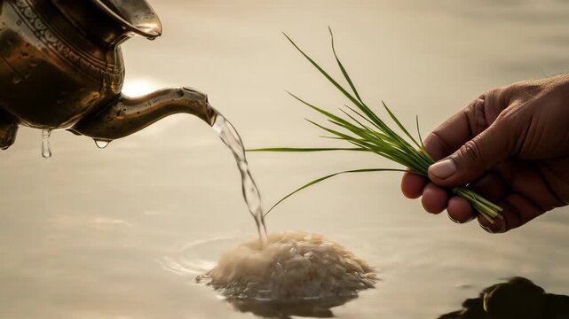 Offering Water and Kusha Grass for Pitru Paksha Rituals  Ancestral Homage and Remembrance for Hindu Devotees
