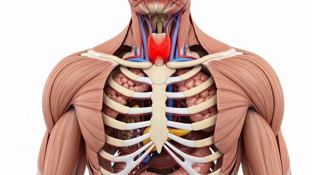 Human Anatomy 3D Render of the Torso Showing Muscles, Bones, and Organs Including the Thyroid Gland for Medical and Educational Purposes