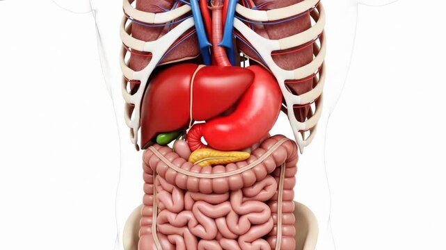 Human anatomy 3D illustration showcasing internal organs including stomach, liver, intestines, and rib cage for medical education and visualization.