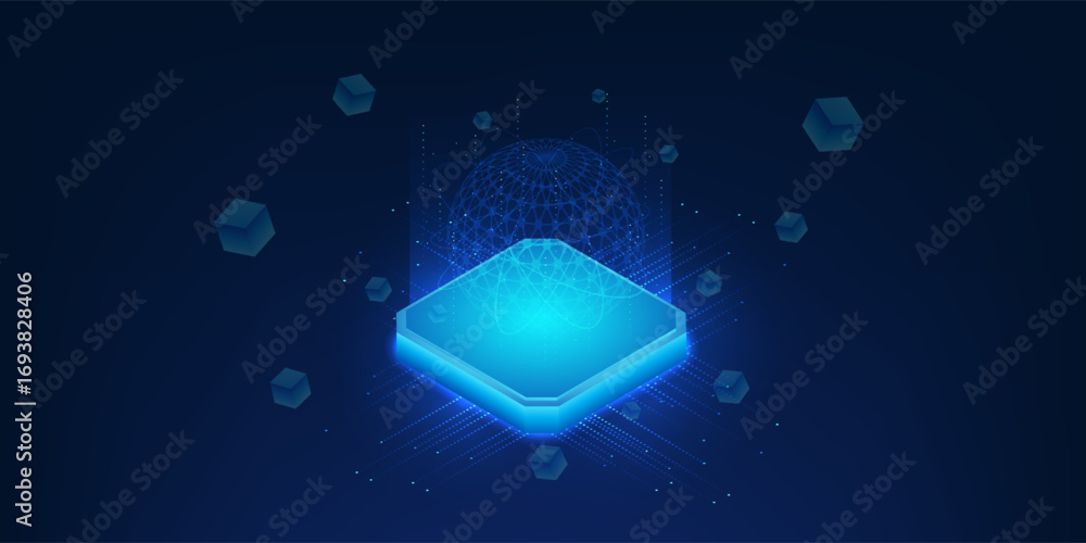 Aufkleber quantum computing technology illustration, futuristic microchip board with quantum processor on top,