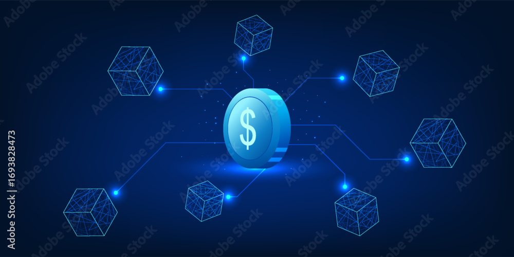 Aufkleber blockchain technology illustration with digital coins connected to data blocks in a blockchain netwo
