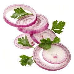Red Onion Slices with Parsley isolated on White Background