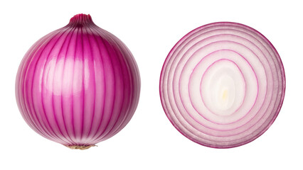 Red Onion, Whole and Cross Section View on white background