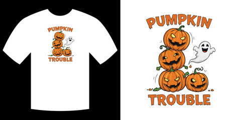 Pumpkin Trouble: An intricately designed illustration of a playful scene on a t-shirt, capturing the essence of autumn. The design centers around stacks of grinning pumpkins and a cheerful ghost. 