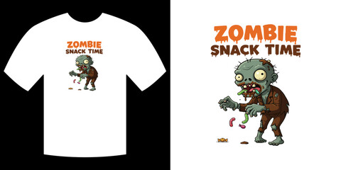 Zombie Snack Time Tee Design: A playful graphic design showcasing a Zombie Snack Time t-shirt, featuring a comical zombie illustration.
