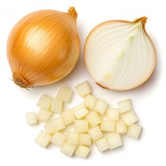 Fresh Onion, Whole, Halved, and Diced Pieces on White Background