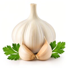 Fresh Garlic Bulb with Cloves and Parsley isolated on White Background