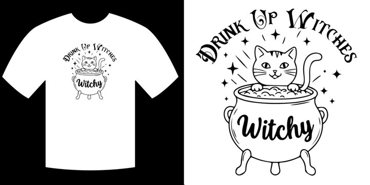 Witchy Tee Design: Whimsical illustration on a tee shirt featuring a cute cat, cauldron, stars, and the playful phrase Drink Up Witches, perfect for Halloween. 