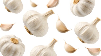 Garlic Bulbs and Cloves Floating Isolated on White Background