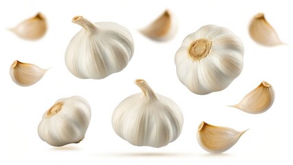 Fresh Garlic Bulbs and Cloves Floating Isolated on white background