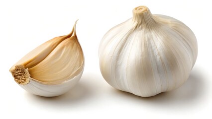 Fresh Garlic Bulb and Clove isolated on White Background