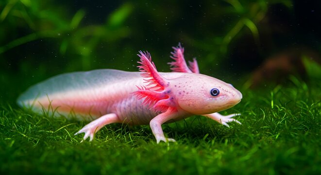 Close-Up of Pink Axolotl Swimming Underwater