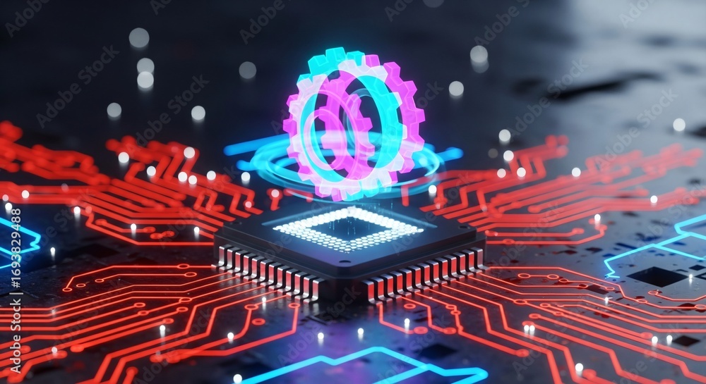 Poster stunning futuristic processor chip with neon gears glows with tech innovation
