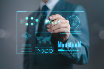 Businessman using virtual interface with AI technology, data analytics, and futuristic digital dashboard for business intelligence, innovation, global finance, and corporate digital transformation.