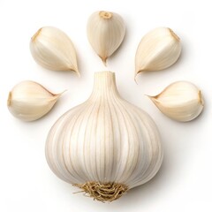 Fresh Garlic Bulb with Cloves on White Background