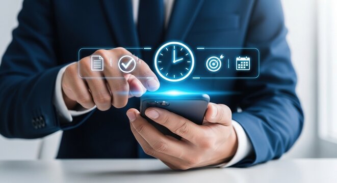 Efficient Time Management: A modern businessman in a tailored suit meticulously uses his smartphone to oversee projects and schedules, optimizing time for maximum success.